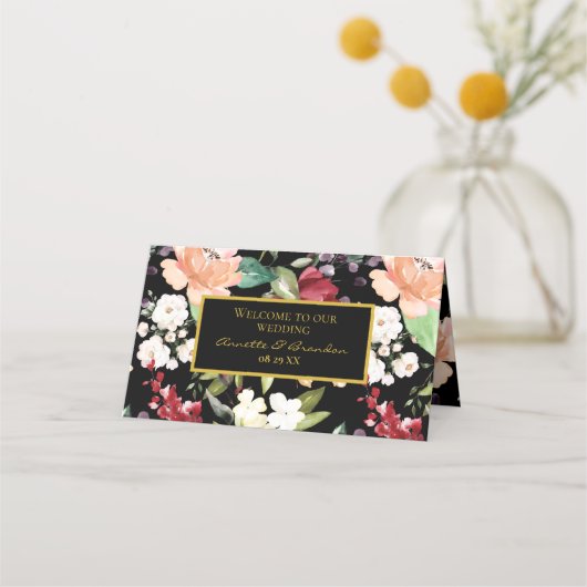 テーブル番号 |ようこそエレガントブラック金ゴールドフローラ プレイスカード (裏面)