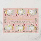 テーブ図解入りの、写真付きのルリハーサルディナー金ゴールド 箔招待状 (正面)