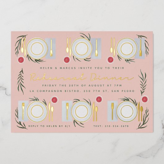 テーブ図解入りの、写真付きのルリハーサルディナー金ゴールド 箔招待状 (正面)