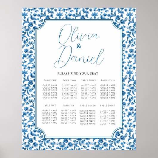 テーブ結婚ルの座席8チンツブルー&ホワイトフローラ ポスター (正面)