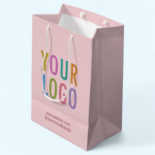 テープピンクの紙製ギフトバッグ - カスタムビジネスロゴ ミディアムペーパーバッグ