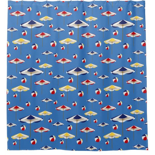 テーマおもしろいのビーチボールのビーチパラソルのビーチ シャワーカーテン (正面)