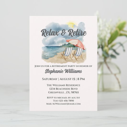 テーマリラックスのトロピカルビーチ椅子と引退 招待状 (スタンド正面)