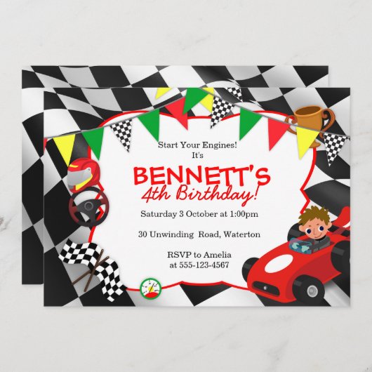 テーマレースカーのパーティの招待状の競争 招待状 (正面/裏面)