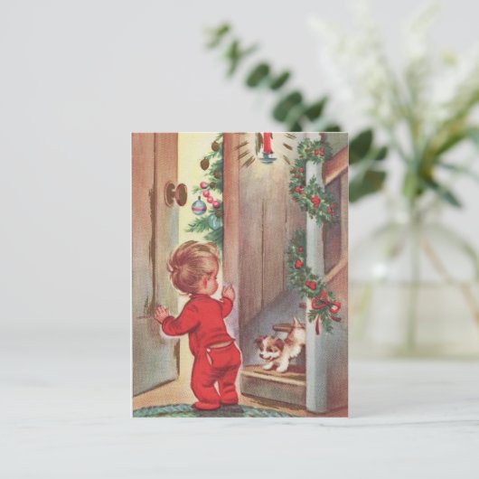 テーマヴィンテージの子供および子犬のクリスマス シーズンポストカード (スタンド正面)