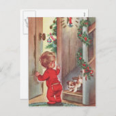 テーマヴィンテージの子供および子犬のクリスマス シーズンポストカード (正面/裏面)