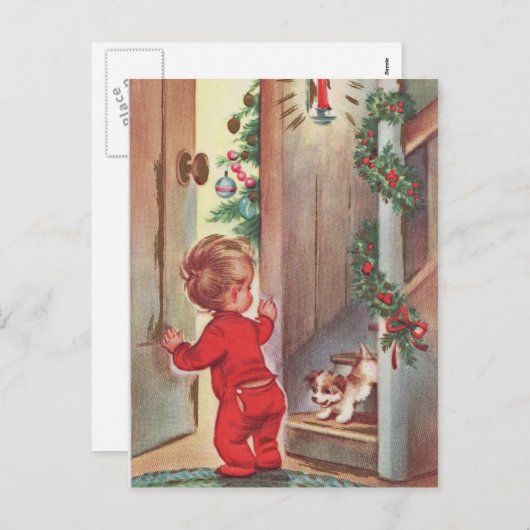 テーマヴィンテージの子供および子犬のクリスマス シーズンポストカード (正面/裏面)
