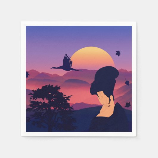 テーマ日本の芸者の木と日の出 スタンダードカクテルナプキン (正面)