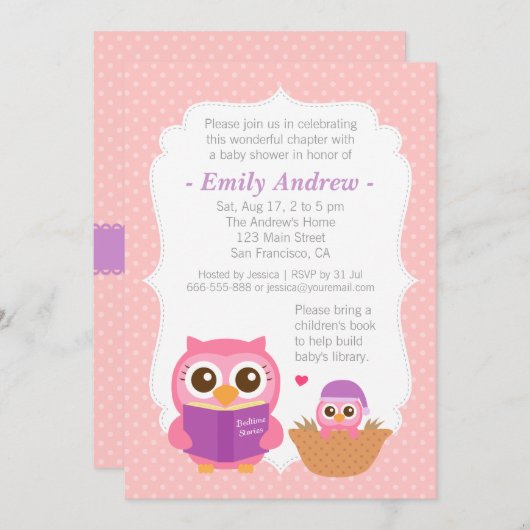 テーマ本女の子のかわいいフクロウのベビーシャワー招待状 招待状 (正面/裏面)