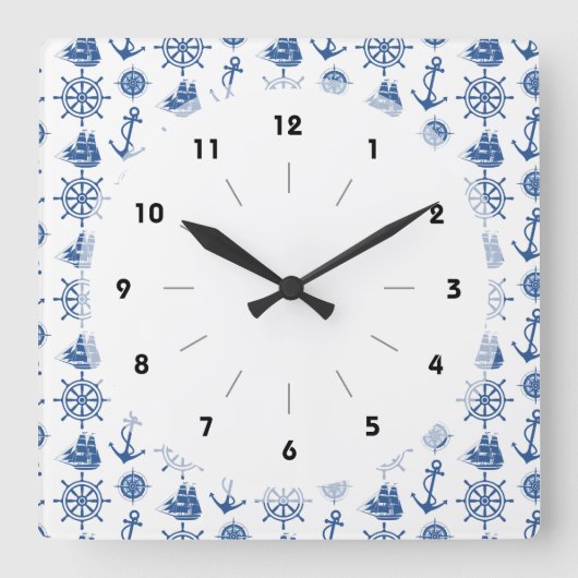 テーマ航海のいかりブルーとホワイト スクエア壁時計 (正面)