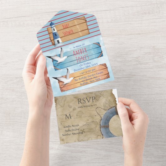 テーマ航海のボーイ赤ちゃんシャワー オールインワン招待状 (貼ってはがせる)