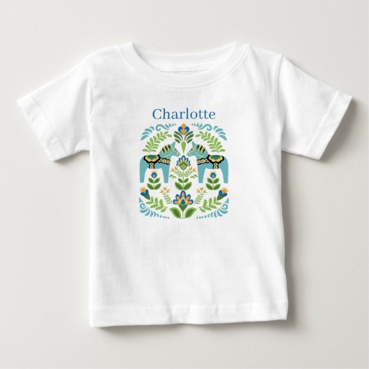 テールのスウェーデン伝統 ダーラヘスト 刺繍 名入れ オプション ベビーTシャツ (正面)