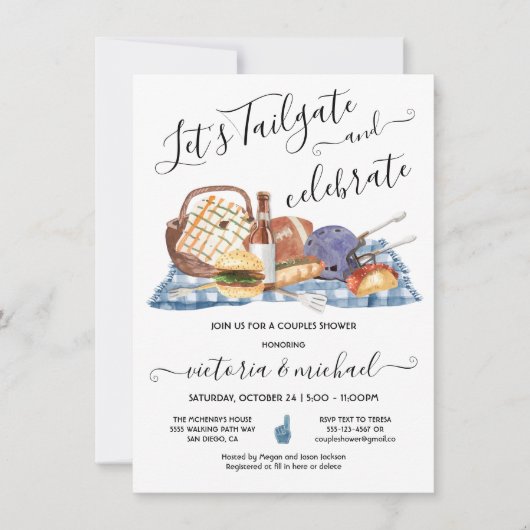 テールゲートフットボールゲームBBQビールカップルシャワー 招待状 (正面)