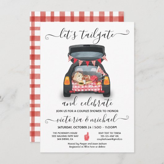 テールゲート カー サッカー ゲーム BBQ ビール カップル シャワー 招待状 (正面/裏面)