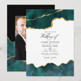 テールブルーとゴールドのジオードアゲートのバーチャル結婚式フォト 招待状