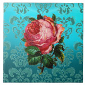 テールブルーのダマスクにピンクのバラの花 モザイク セラミック タイル (正面)