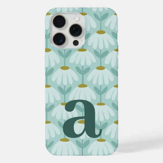 テールブルーの大きなモノグラムの文字のビンテージ風の花模様 iPhoneケース (裏面)