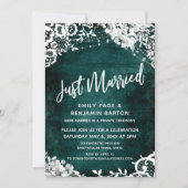 テールブルーのJust Marriedにレースとライトとフラワー 招待状 (正面)