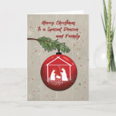 デアコンとマンガー付き家族のクリスマスオーナメント カード (正面)