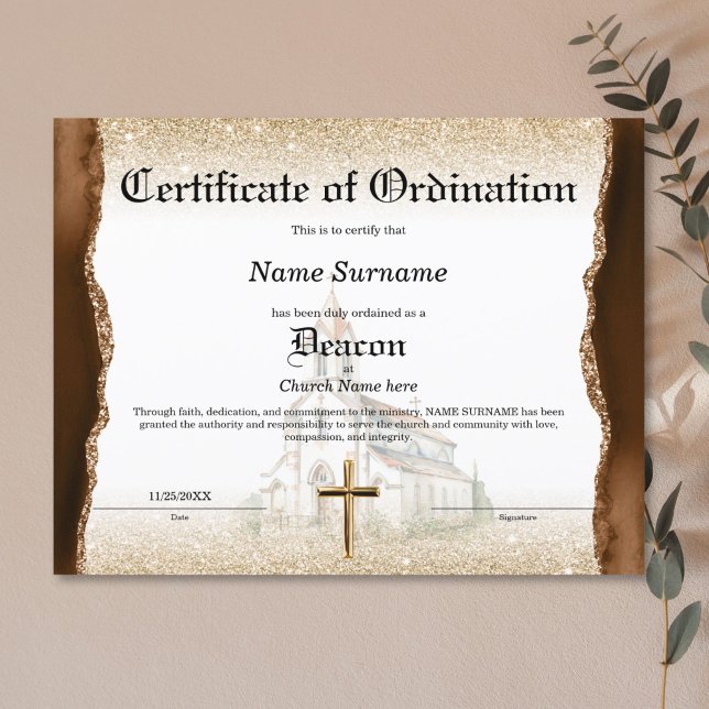 デアコン教会の戒厳証書 (pastor ordination certificate with brown agate, gold glitter and watercolor church)
