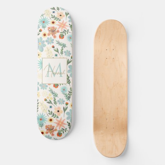 ディかわいらしティカラフルフローラホワイトデザイン スケートボード (正面)