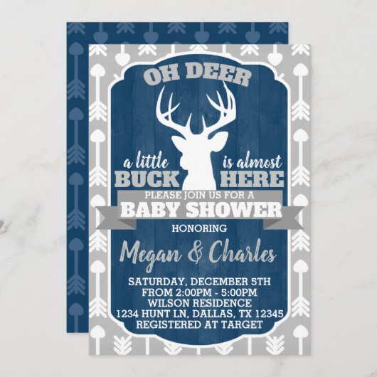 ディアアントラーベイビーシャワー招待状ネイビーグレー 招待状 (正面/裏面)