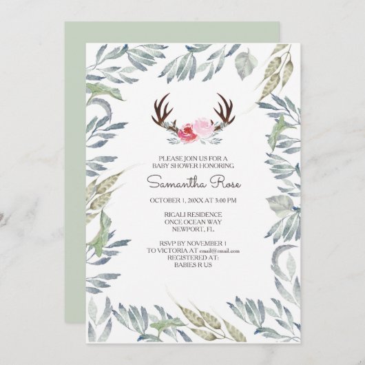 ディアアントラーベビーシャワー招待状 – 少女 招待状 (正面/裏面)