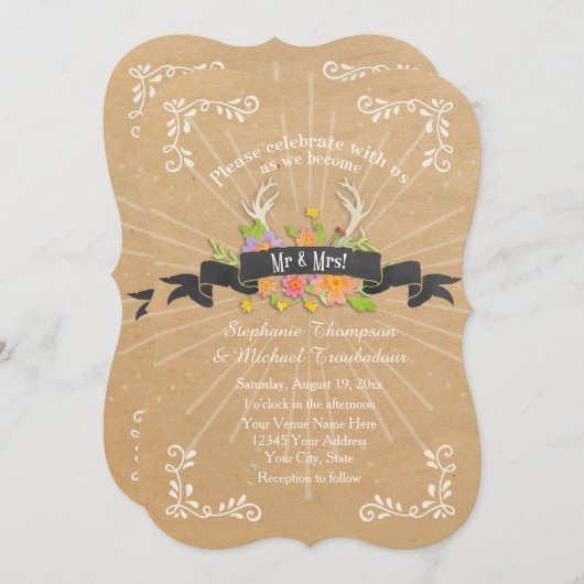 ディアアントラーワイルドフラワー素朴スターバスト結婚ズ 招待状 (正面/裏面)