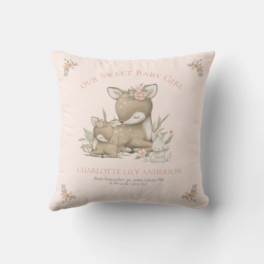 ディアウッドランドベビーガール誕生統計子供部屋デコール クッション (裏面)