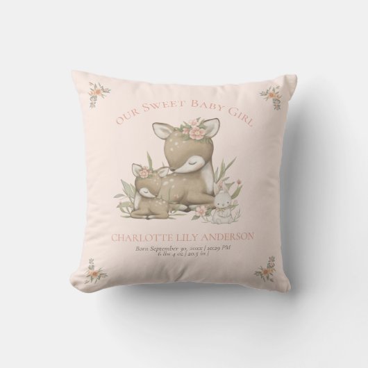 ディアウッドランドベビーガール誕生統計子供部屋デコール クッション (正面)