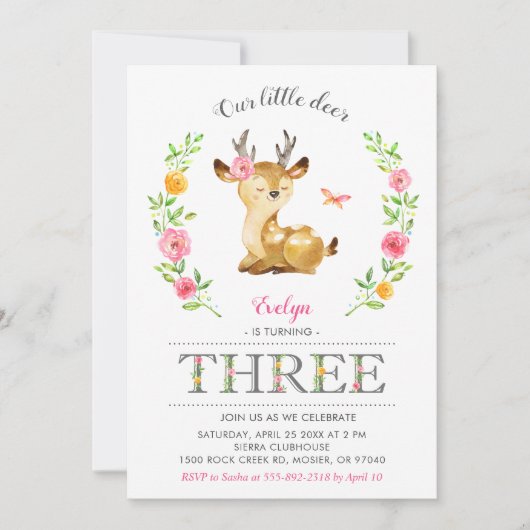 ディアガールウッドランドフローラキッズ第3回誕生日 招待状 (正面)