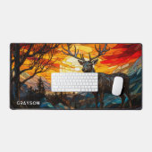 ディアサンセットウッドランド山パーソナライズされた名 デスクマット (キーボード&マウス)