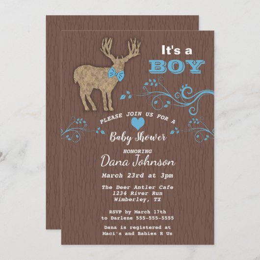 ディアシルエット男の赤ちゃんベビーシャワー 招待状 (正面/裏面)