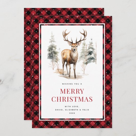 ディアスタグウォーターカラーレッドバッファロープレイドクリスマス シーズンカード (正面/裏面)