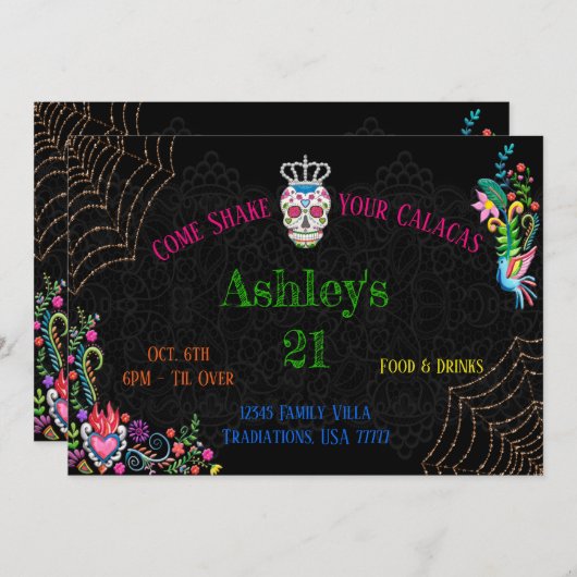 ディアデロスミュートスデイオブザデッド誕生日5x7 招待状 (正面/裏面)