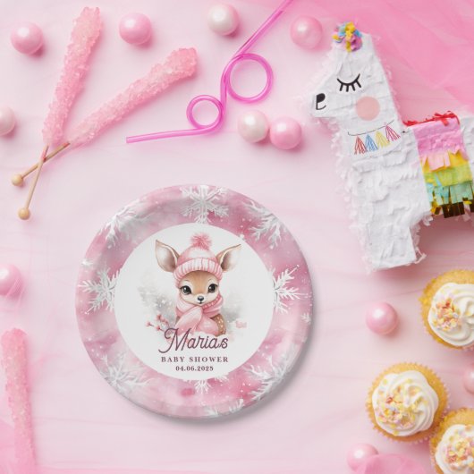 ディアピンクウィンターハットスカーフ名前をカスタムするガールパーティー ペーパープレート (パーティー)