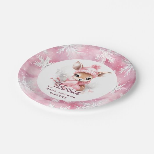 ディアピンクウィンターハットスカーフ名前をカスタムするガールパーティー ペーパープレート (アングル)