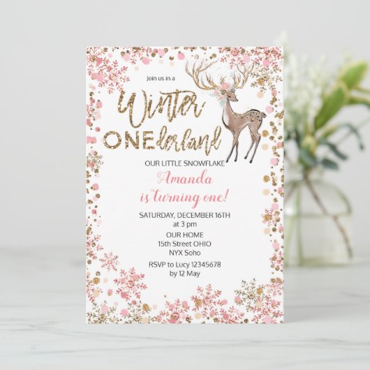 ディアピンクグリッター冬誕生日招待状 招待状 (スタンド正面)