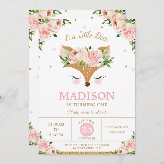 ディアピンクフローラウッドランドアニマルズバースデーパーティー 招待状 (正面/裏面)