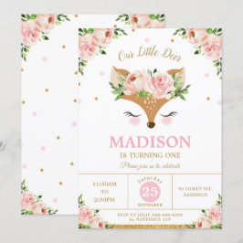ディアピンクフローラウッドランドアニマルズバースデーパーティー 招待状