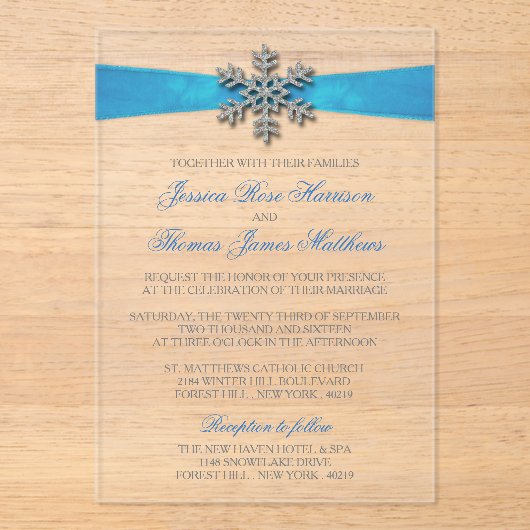 ディアマンテスノーフレーク&ブルーリボンウィンターウェディング アクリル招待状 (正面)