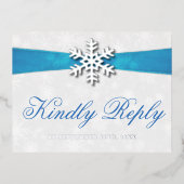 ディアマンテスノーフレーク&ブルーリボンウィンターウェディング 箔招待状ポストカード (正面)