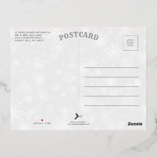 ディアマンテスノーフレーク&ブルーリボンウィンターウェディング 箔招待状ポストカード (裏面)
