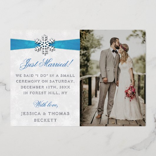 ディアマンテスノーフレーク&ブルーリボンウィンターウェディング 箔招待状 (正面)