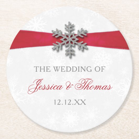 ディアマンテスノーフレーク&レッドリボン冬の結婚式 ラウンドペーパーコースター (正面)