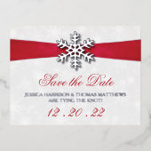 ディアマンテスノーフレーク&レッドリボン冬の結婚式 箔招待状ポストカード (正面)