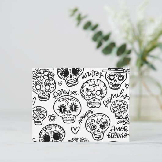 ディア・デ・ロス・ムエルトス – 砂糖スカルぬりえ ポストカード (スタンド正面)
