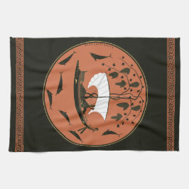 ディオニュソス杯：ギリシャの神の船でつる植物&イルカ キッチンタオル