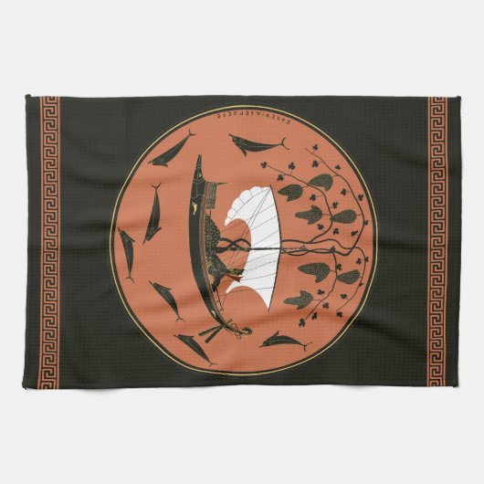 ディオニュソス杯:ギリシャの神の船でつる植物&イルカ キッチンタオル (横)