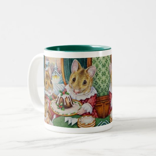 ディケンクリスマスネズミプラムプリン水彩アート ツートーンマグカップ (正面左)